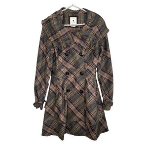 Anthropologie Elevenses Plaid Trench Coat Y2k Preppy Sz 6 Academia Ruffle Retro